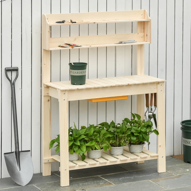 Outsunny Banco da Lavoro per Giardinaggio in Legno Naturale con Vaschetta Integrata, Mensole e Ganci 100x40x140cm
