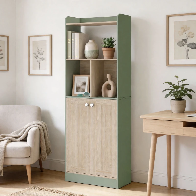 HOMCOM Bibliothèque à 5 niveaux, meuble de rangement, étagère à livres avec 2 portes, 60 x 30 x 161,2 cm vert et bois naturel
