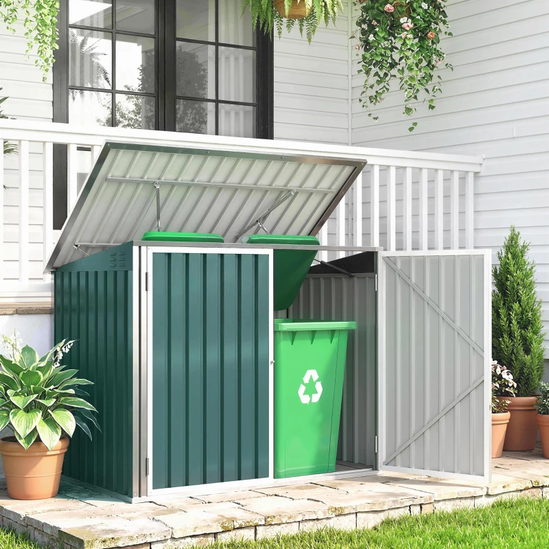Outsunny Cache Poubelle Extérieur en Acier Galvanisé pour 2 Poubelles, Double Porte, Couvercle Pneumatique, 180x108x130cm, Vert