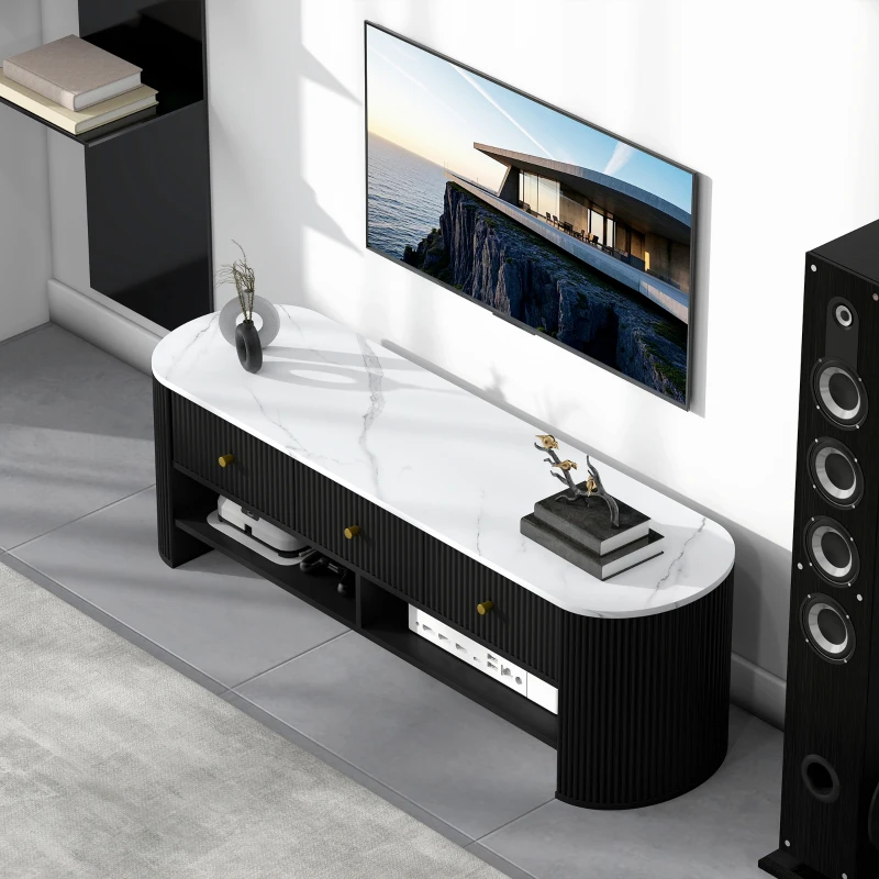HOMCOM Móvel TV 140 cm Móvel para TV 165 cm Efeito Mármore com 3 Gavetas Frentes Caneladas 2 Prateleiras Preto