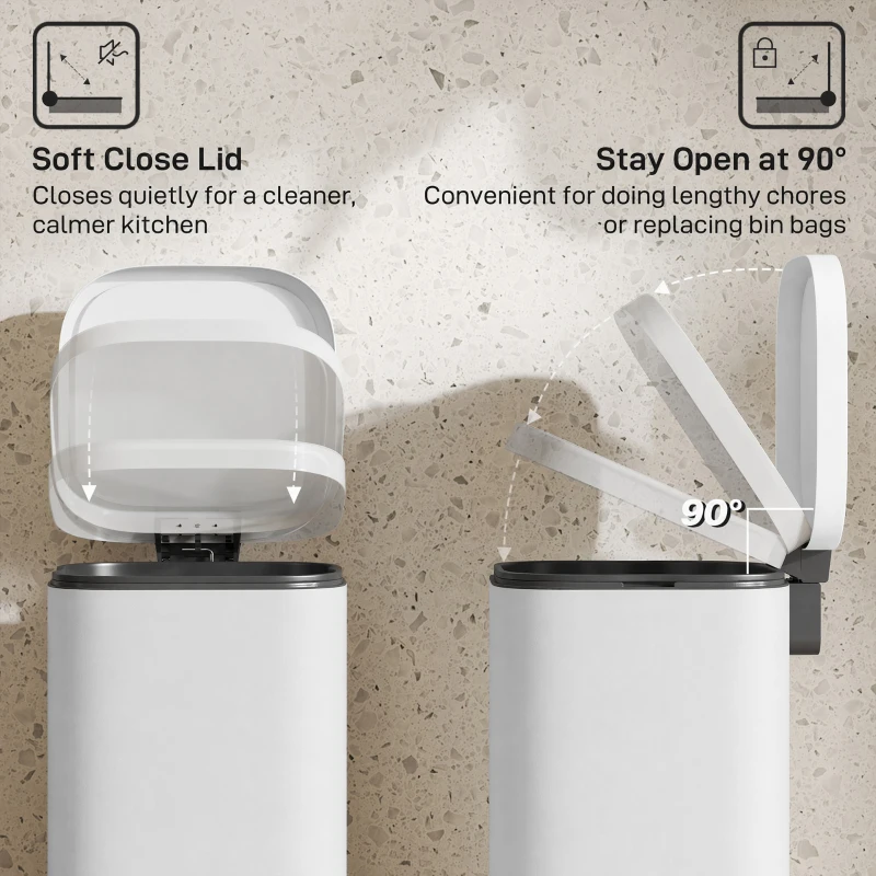 HOMCOM 30L Kitchen Bin, Compact Pedal Bin with Soft-Close and Stay-Open Lid, Removable Bucket for Kitchen, Home, Office, White