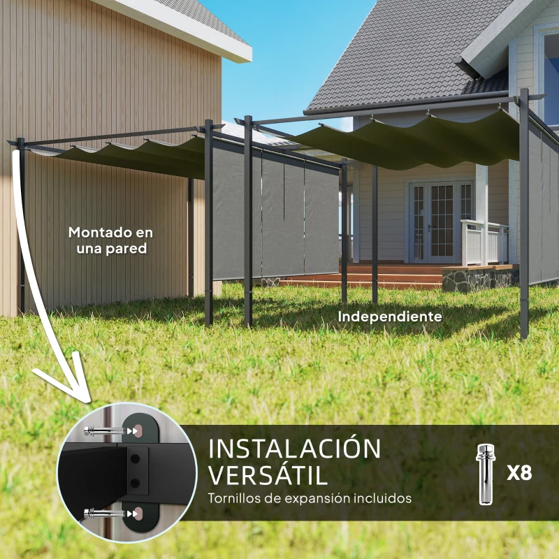 Outsunny Pérgola de Jardín 4x3 m con Techo Retráctil 3 Laterales Enrollables UPF30+ Cenador de Jardín para Patio Exterior Gris