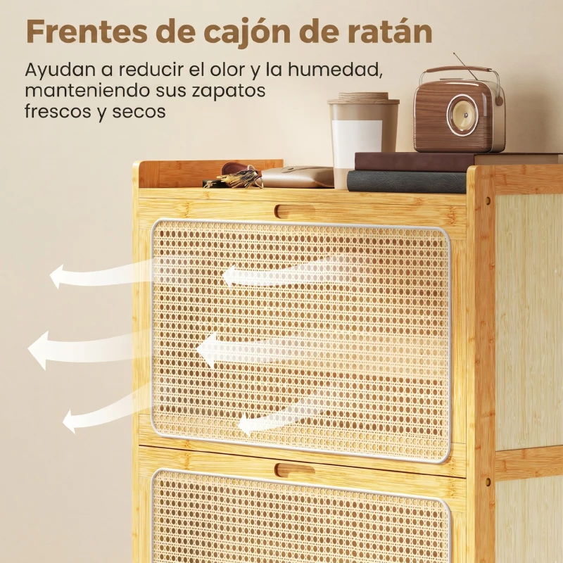 HOMCOM Zapatero Estrecho de Bambú con 2 Cajones Abatibles de Ratán para 12-14 Pares de Zapatos 69x29x83 cm Natural