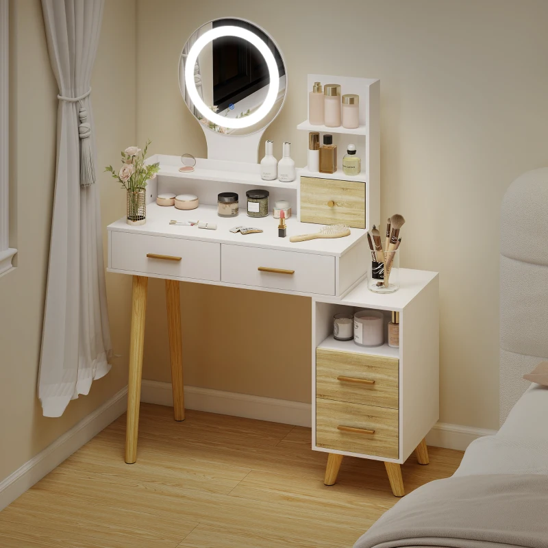 HOMCOM Tocador con Espejo y Luces LED Ajustables con 5 Cajones 4 Compartimentos y 1 Estante 100x44x137 cm Blanco y Natural