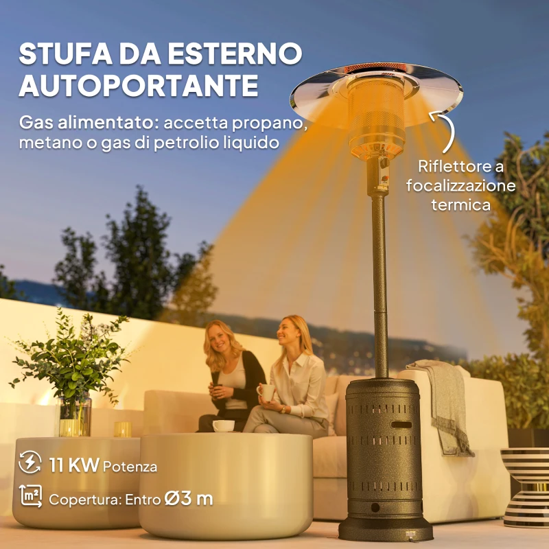 Outsunny Riscaldatore da Esterno con Spegnimento Automatico e Rotelle, 82x82x223 cm, Marrone Scuro