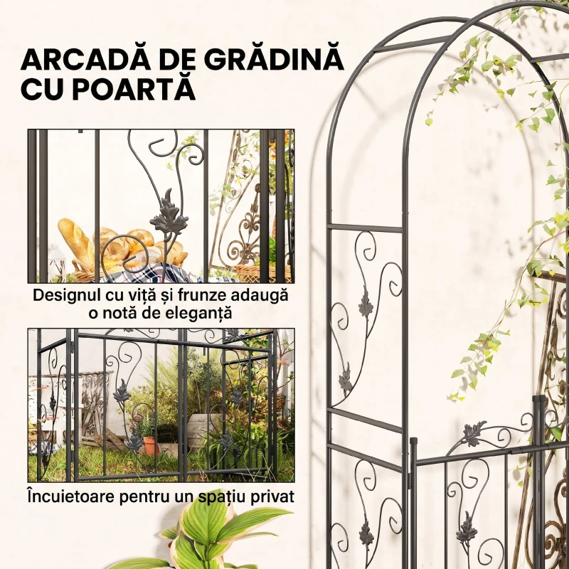 Outsunny Arc de Grădină cu Poartă, Spalier pentru Plante Cățărătoare din Metal, 2,2x1 m, Negru