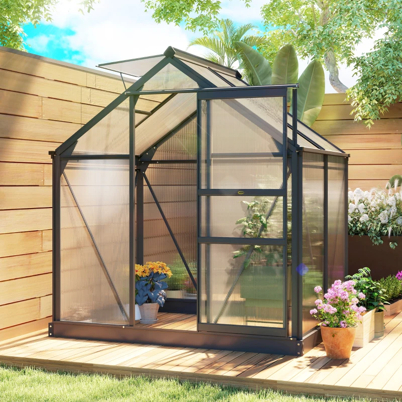 Outsunny Serre de jardin polycarbonate 190 x 132 x 201 cm résistant aux UV 30+ fondation renforcé gouttière gris