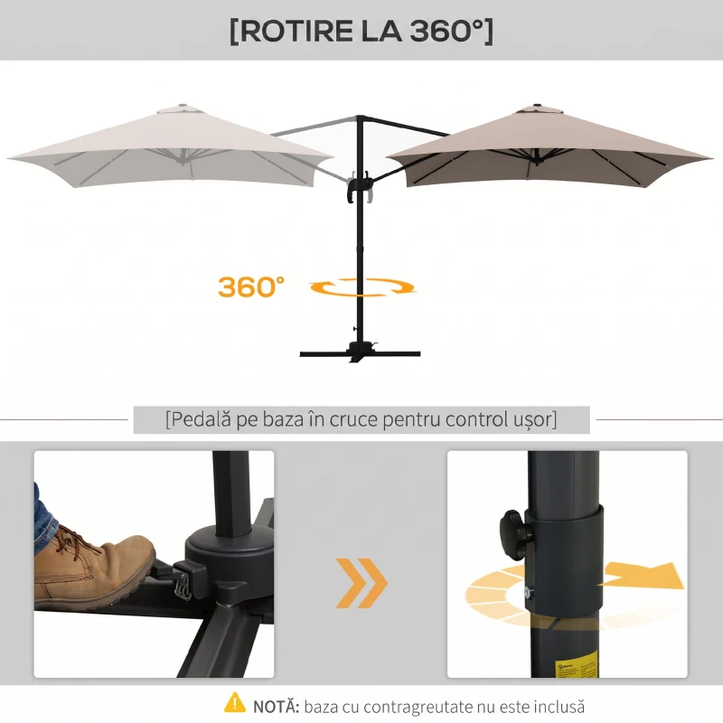 Outsunny Umbrelă de soare 3x3 m suspendată cu 8 spițe, pedală și manivelă, din aluminiu și poliester, culoare kaki