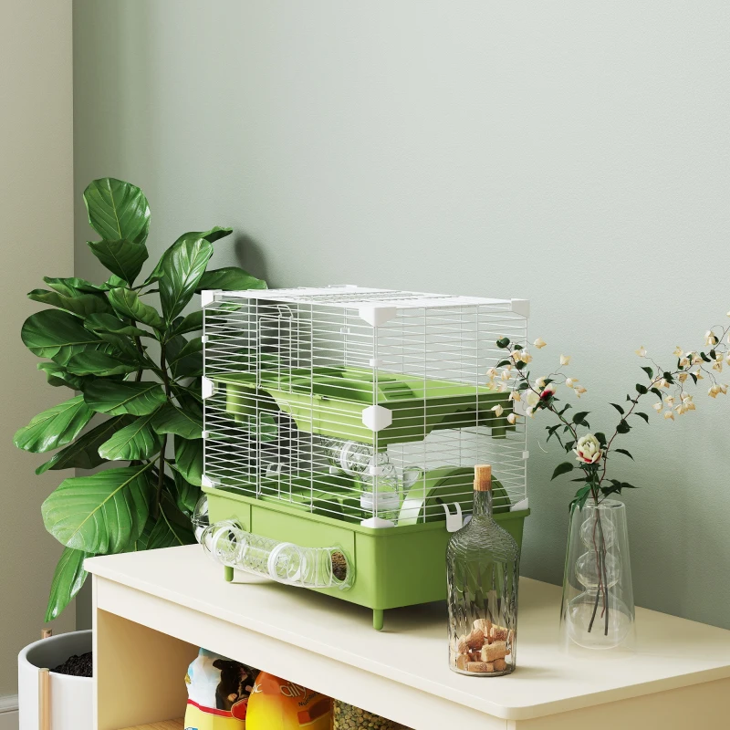 PawHut Gaiola para hamster a 2 níveis com roda de corrida banho de areia para hamster anão 44,5 x 28 x 44 cm verde