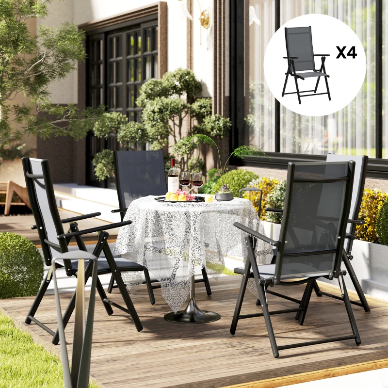 Outsunny Set 4 Scaune de Grădină Pliabile și Respirabile cu Brațe, din Oțel și Poliester, 56x69x106 cm, Gri