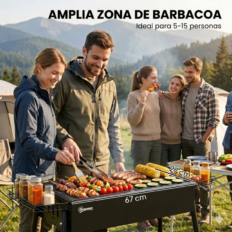 Outsunny Barbacoa de Carbón con 2 Parrillas de Acero Inoxidable Barbacoa Portátil con 2 Especieros para Camping 94x39x70 cm Negro