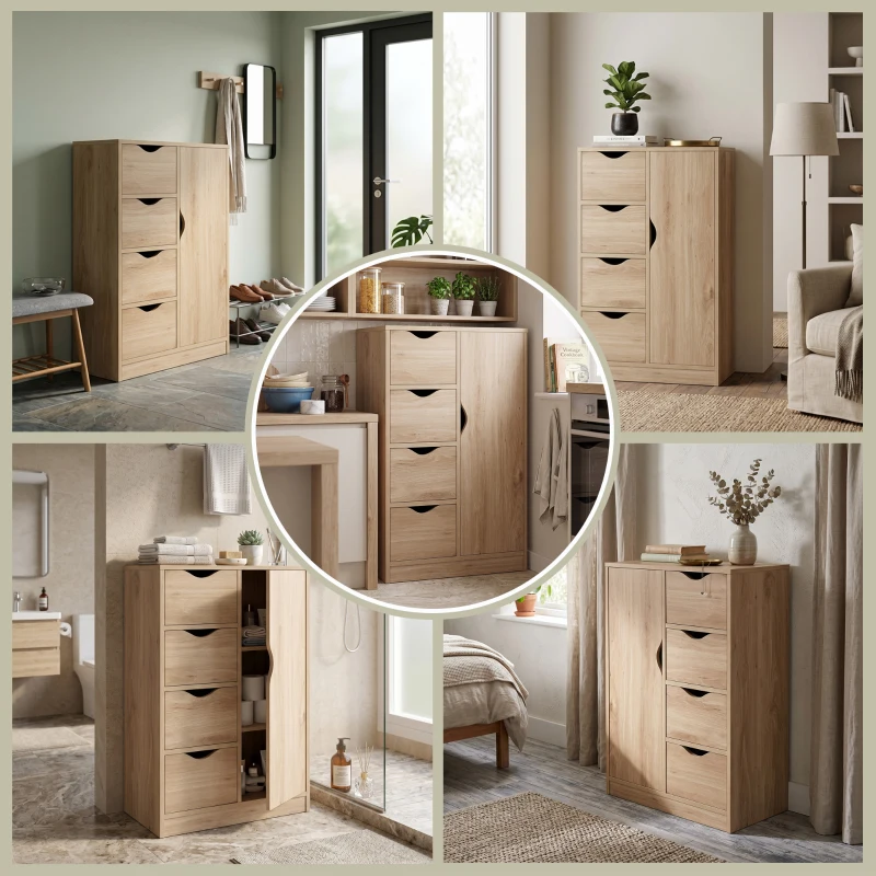 HOMCOM Bathroom Cabinet, Freestanding Storage Cabinet with 4 Drawers, Door Cupboard for Living Room, Kitchen, Bedroom, Natural
