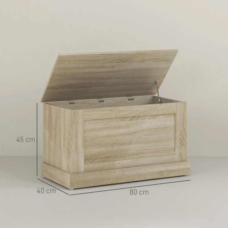 HOMCOM Coffre de rangement, coffre à jouets, avec charnière de sécurité, pour salon, en bois, 80 x 40 x 45 cm, bois naturel