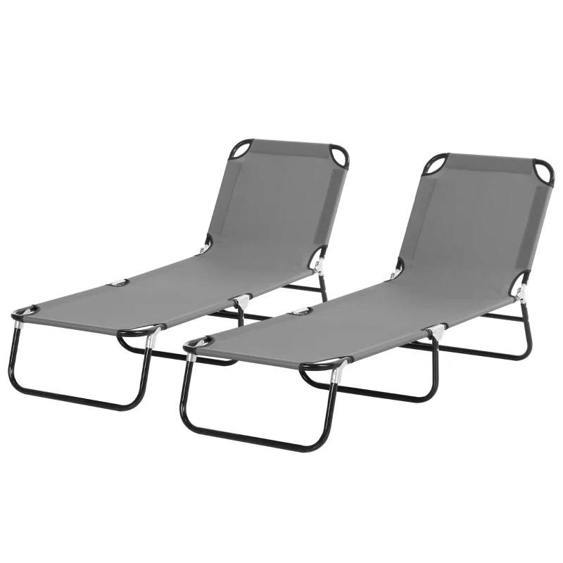 Outsunny 2 Piece Foldable Sun Loungers with 5-Position Adjustable Backrest, Outdoor Portable Recliner Chaise Lounge Chairs with Breathable Mesh Fabric, Grey