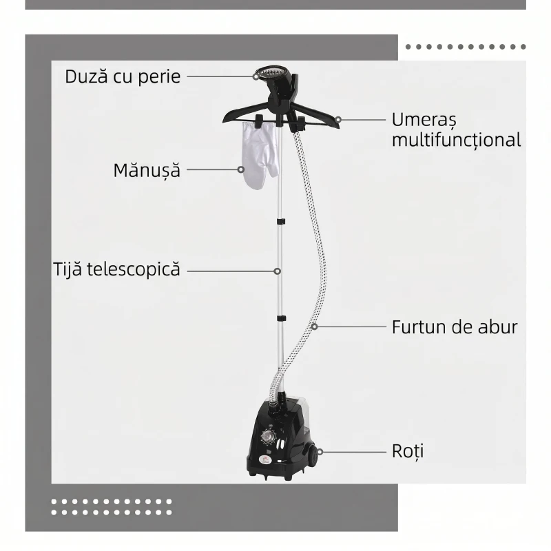 HOMCOM Aparat de Călcat Vertical cu Abur de 1.4L cu Bară Extensibilă și 2 Roți, din ABS și PP, 26x21.5x29 cm, Negru