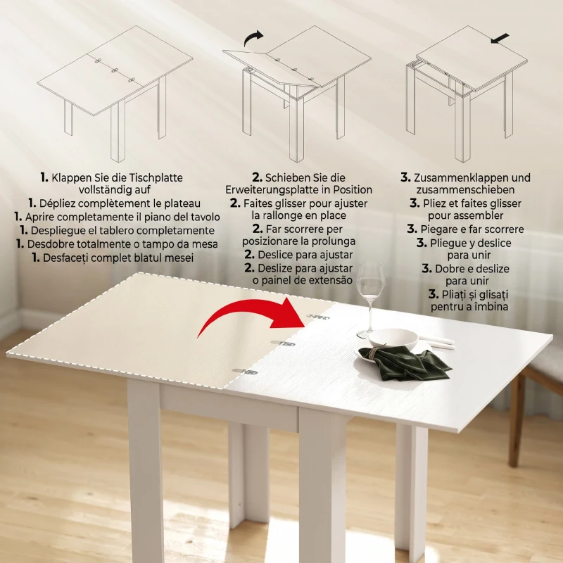 HOMCOM Masă de Dining Extensibilă pentru 4-6 Persoane din PAL și Oțel, 140 x 80 x 77,5 cm, Alb cu Efect de Lemn