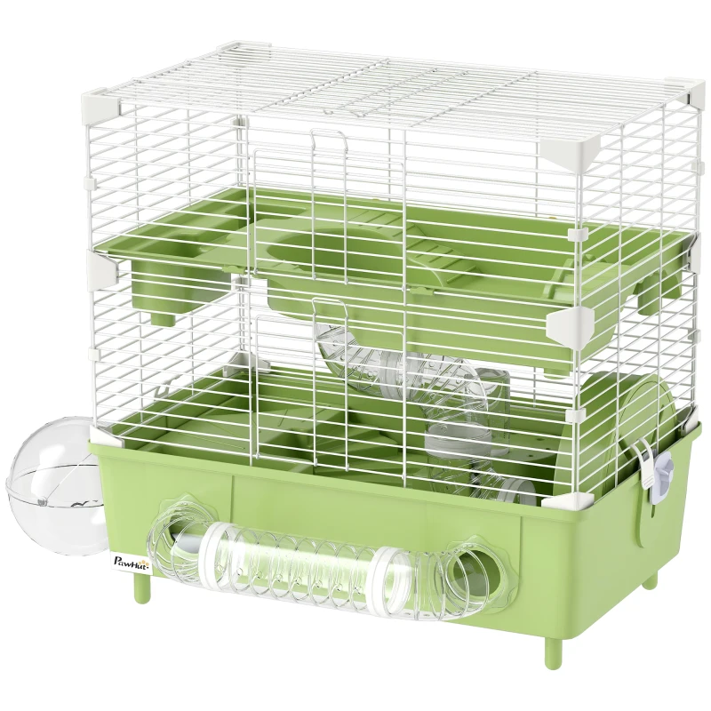 PawHut Gaiola para hamster a 2 níveis com roda de corrida banho de areia para hamster anão 44,5 x 28 x 44 cm verde