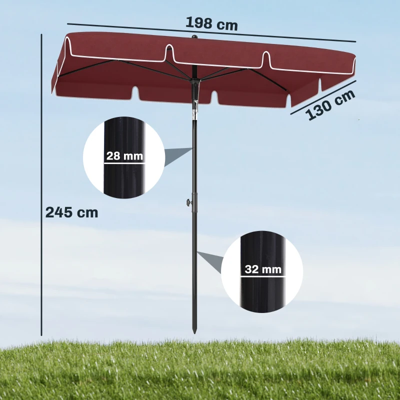 Outsunny Sombrilla de Terraza de Aluminio 2x1,3x2,5 m Parasol de Jardín Rectangular con Función de Inclinación Rojo Vino