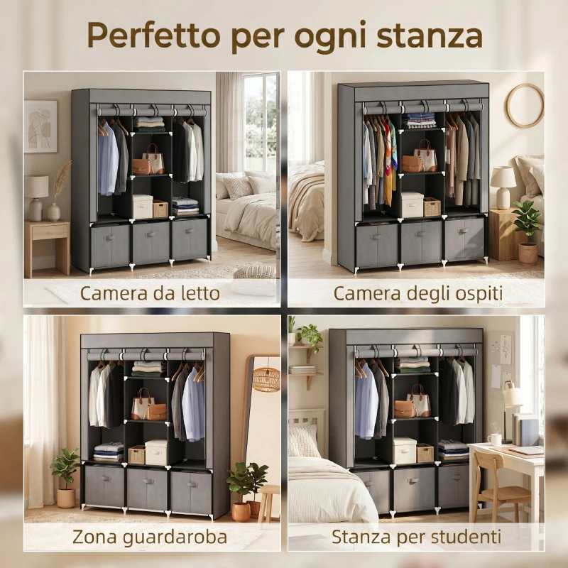 HOMCOM Armadio in Tessuto Pieghevole con Cassetti e Ante Avvolgibili con Zip, 125x43x162.5cm, Grigio Scuro