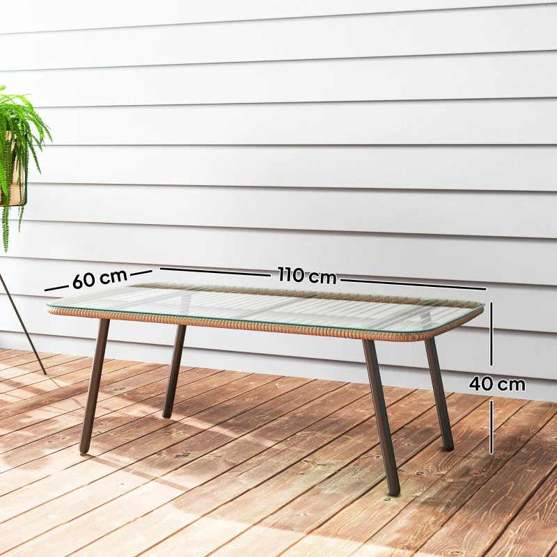 Outsunny Tavolino da Giardino in Rattan PE con Piano in Vetro e Acciaio, 110x60x40 cm, Legno Naturale