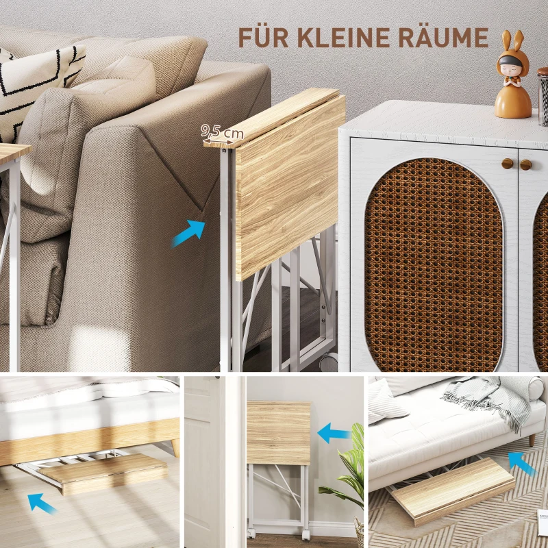 HOMCOM Klappbarer Schreibtisch mit Rädern, platzsparend, Stahl, MDF, Natur