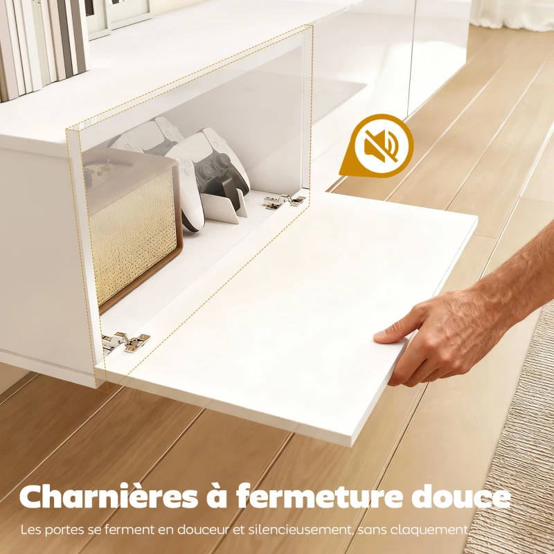 HOMCOM Meuble TV Suspendu 180 cm, Meuble télé pour téléviseur jusqu'à 82 Pouces 3 Portes Rabattables à Fermeture Douce, Blanc
