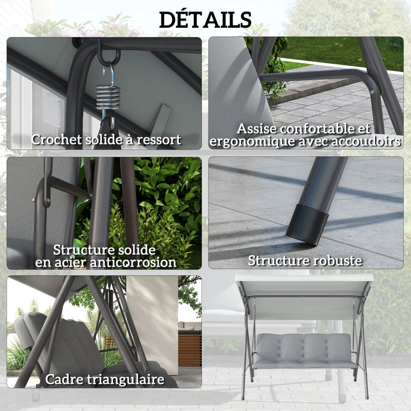 Outsunny Balancelle de Jardin 3 Places Grand Confort Toit Inclinaison réglable épais Coussins Amovibles Acier gris clair