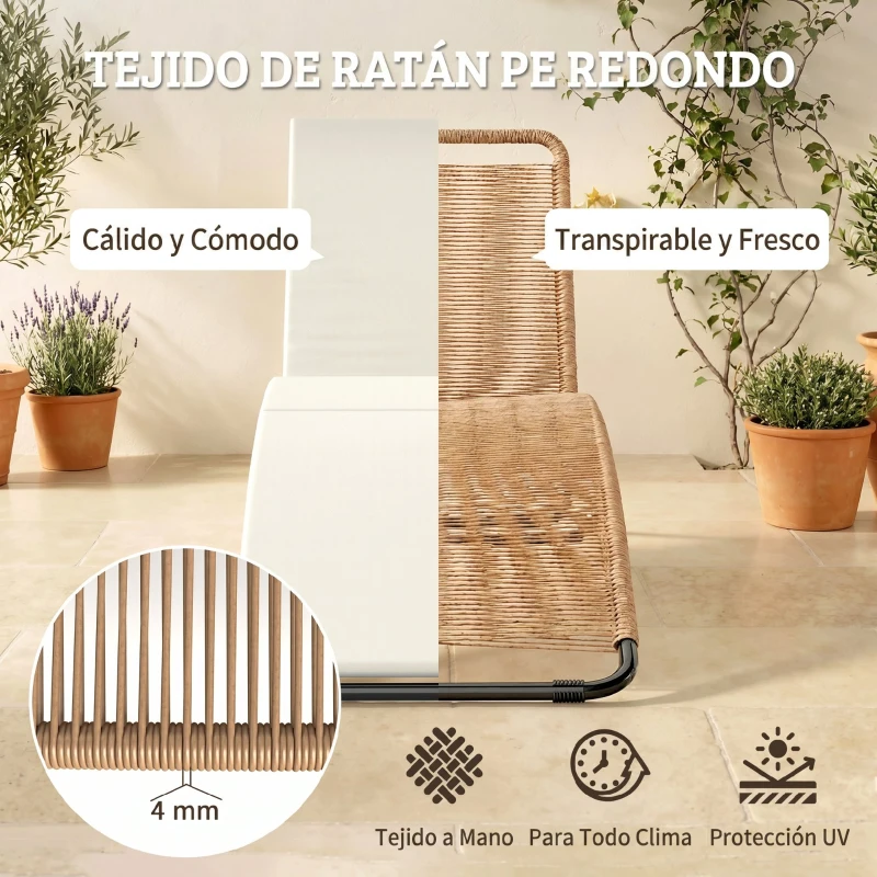 Outsunny Tumbona de Jardín Exterior de Ratán en Forma de S con Cojín Asiento Transpirable y Estructura de Acero para Patio Crema