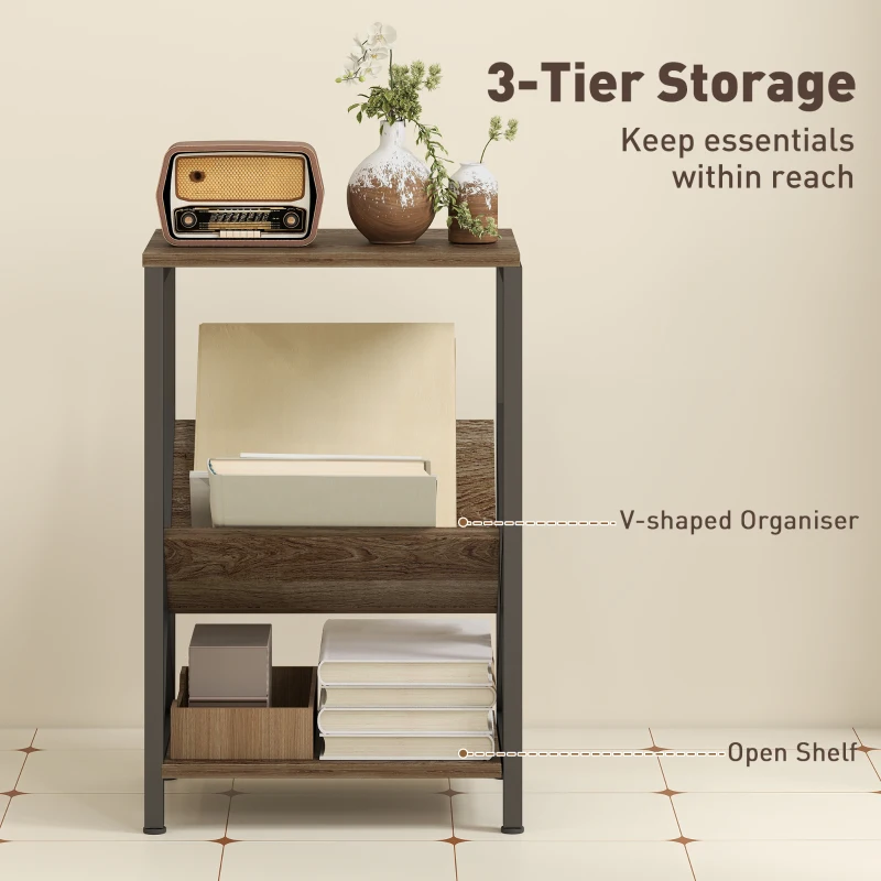 HOMCOM Narrow Side Table, End Table with 3-Tier Storage, V-Shaped Magazine Holder for Living Room, Bedroom, 40 x 30 x 61cm, Oak