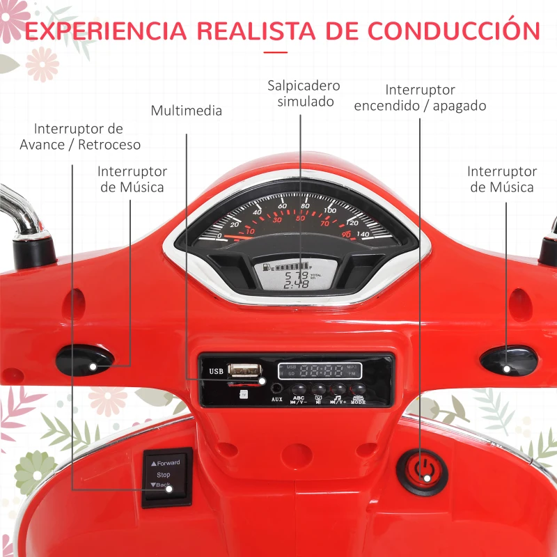 HOMCOM Moto Eléctrica Infantil Coche Triciclo Vespa Scooter Eléctrico a Batería con Luz MP3 USB Bocina para Niños Más de 3 Años Carga 25kg Rojo