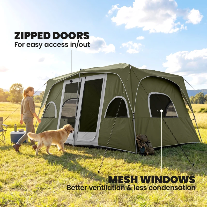 Outsunny Camping Tent, Family Tent 4-8 Person 2 Room, with Large Mesh Windows, Easy Set Up for Backpacking Hiking Outdoor, Green