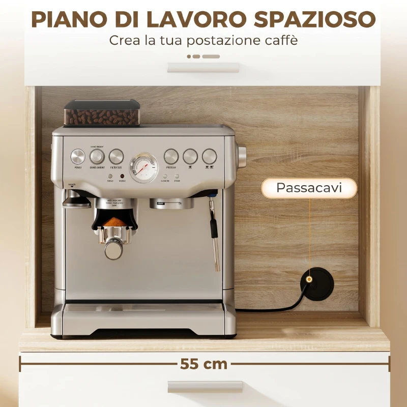 HOMCOM Credenza Cucina con Ripiani Aperti, 2 Armadietti e Cassetto, in Legno e Metallo, 55x40x175 cm, Bianco e Legno