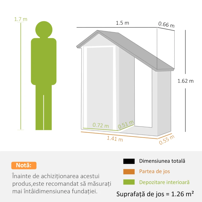 Outsunny Șopron Exterior pentru Lemne cu Dulap pentru Unelte, 0,77 m², 150x66x162 cm, Din Oțel Galvanizat, Gri Închis