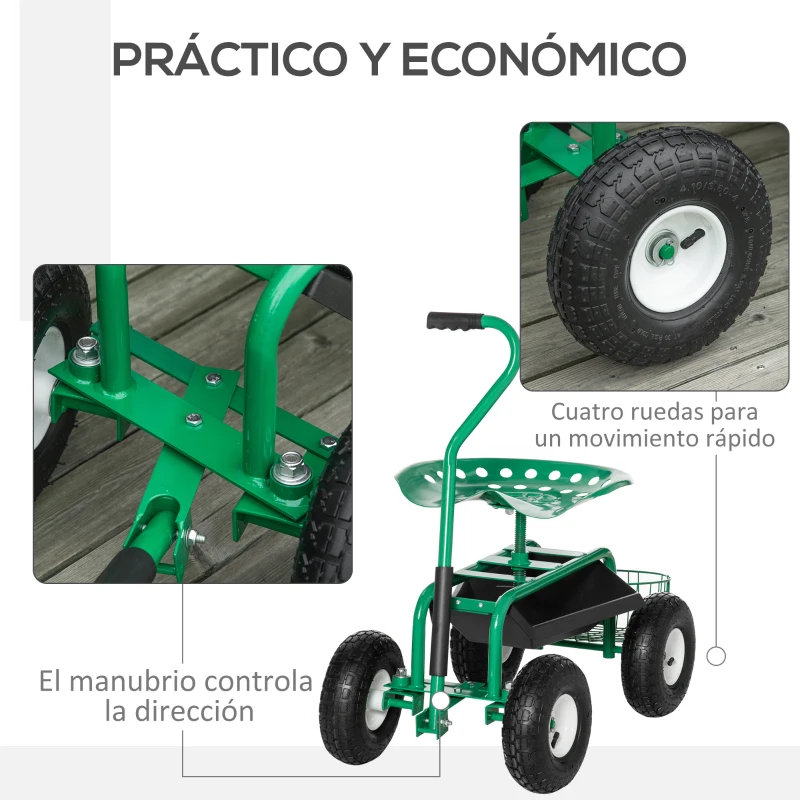 Outsunny Asiento de Jardín con Ruedas Asiento Giratorio y Ajustable en Altura Bandeja de Herramientas Cesta para Exterior Verde