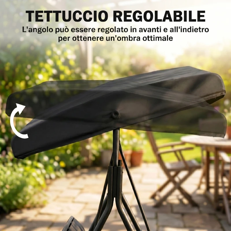 Outsunny Dondolo da Giardino a 3 Posti con Tettuccio, Seduta Traspirante e Telaio in Acciaio, Nero