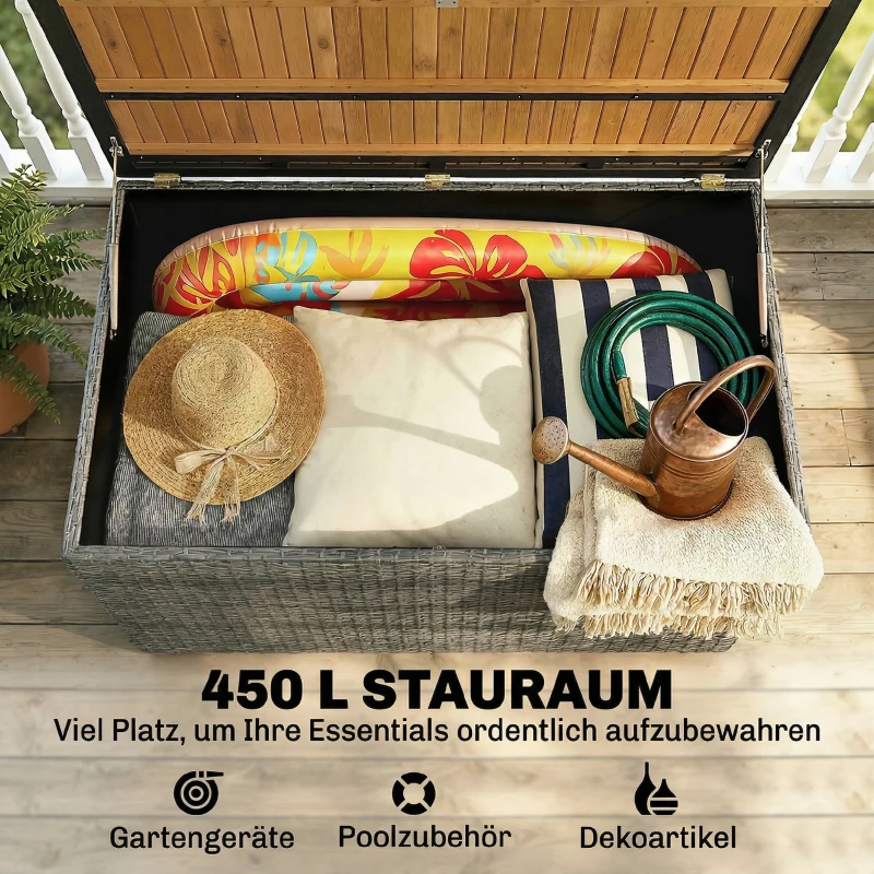 Outsunny Gartenbox 450 L Polyrattan wasserdicht Auflagenbox mit FSC-Holz-Deckel Gasdruckfedern Innenfutter