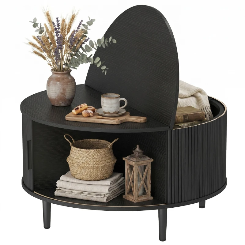HOMCOM Coffee Table with Lift Top and Hidden Storage, Round Centre Table with Fluted Sliding Door, 80 cm, Black Wood Effect
