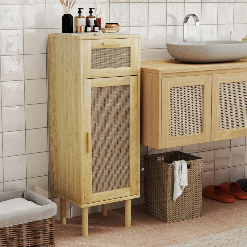 HOMCOM Meuble salle de bain rangement, meuble de rangement style bohème - tiroir et placard, étagères réglables, porte à rotin