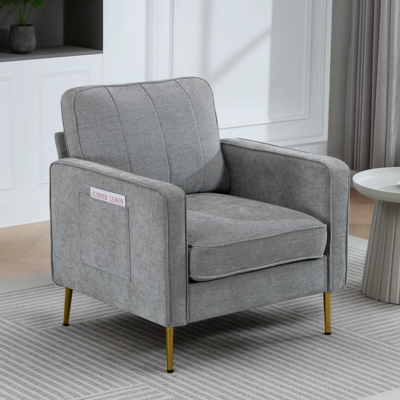 HOMCOM Fauteuil en tissu avec pieds en acier doré, grand confort, pochettes latérales, pour salon, bureau, chambre, gris