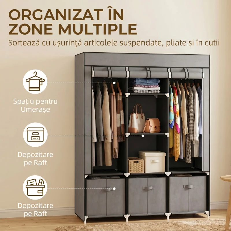HOMCOM Dulap pliabil din material textil cu sertare și uși rulabile cu fermoar, 125x43x162,5cm, gri închis