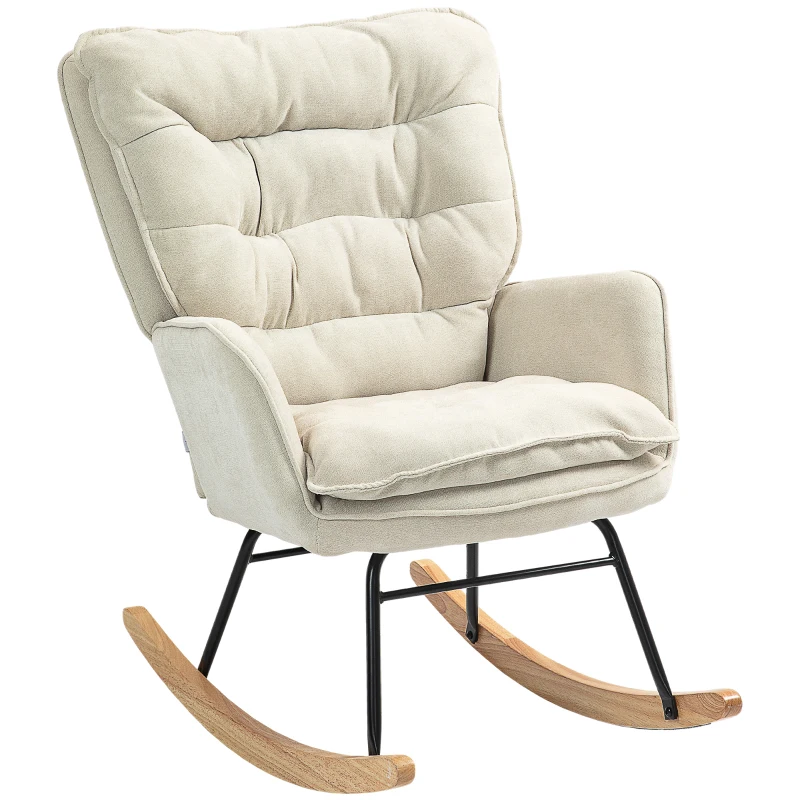 HOMCOM Schaukelstuhl, breiter Sitz, hohe Rückenlehne, Buchenholzrahmen, bis 120 kg, Beige