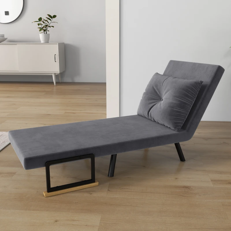 HOMCOM Sofá Cama Individual Plegable Silla Cama Convertible 4 en 1 Respaldo Ajustable de 5 Niveles y Almohada 63x73x81 cm Gris