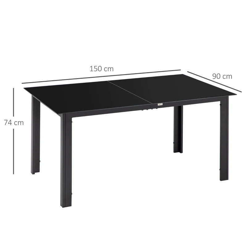 Outsunny Masă de Grădină cu Blat din Sticlă Securizată 150x90 cm pentru 6 Persoane, Masă de Luat Prânzul pentru Exterior, Dreptunghiulară, din Aluminiu, pentru Terasă, Balcon, Neagră