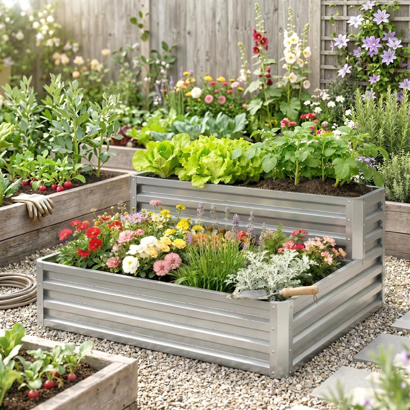 Outsunny Jardinera Exterior de Acero Galvanizado con Diseño de Escalera Base Abierta para Cultivos Plantas 120x101x58 cm Plata