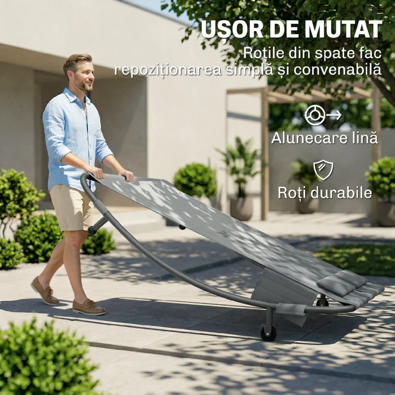 Outsunny Șezlong de Grădină cu Roți și Perne, Dublu, Gri