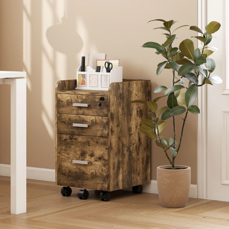 HOMCOM 3 Drawer Filing Cabinet with Lock, Rolling File Cabinet with Edged Top for Letter, A4 Size, Hanging File Folders