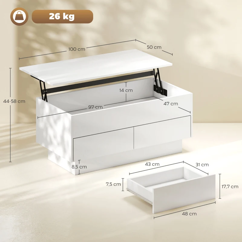 HOMCOM Mesa de centro elevável, mesa de sala com compartimento oculto e 2 gavetas, 100 x 50 x 44 cm, branco