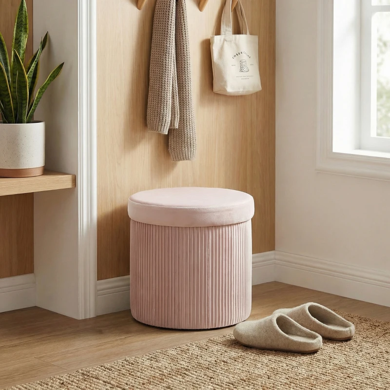 HOMCOM Puff Almacenaje Banco Almacenaje Plegable 35 L 38x38x38 cm Tapizado en Terciopelo Baúl de Almacenamiento Redondo Rosa