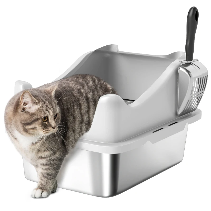 PawHut Bac à litière en acier inoxydable, maison de toilette pour chat, bords hauts, nettoyage facile, 43,1x33,2x25,4cm, gris