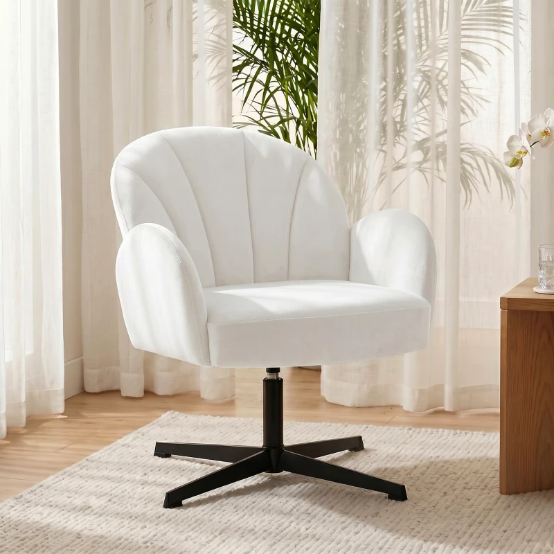 HOMCOM Sillón de Salón Giratorio Butaca de Salón Tapizada Terciopelo con Respaldo en Forma de Concha Cojín con Resortes Crema